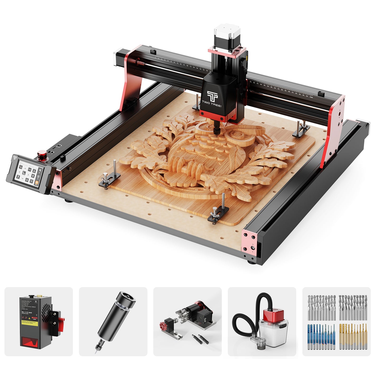 Máquina de Roteamento CNC Twotrees TTC450 PRO + Módulo Laser TC20 + Motor de 500 W + Módulo de 4º Eixo + Aspirador de Pó + Fresas de Topo 