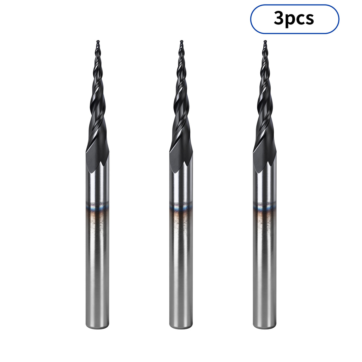 Conjunto de 3 Fresas de Topo Esférico Cônicas de Metal Duro com 2 Cortes Twotrees