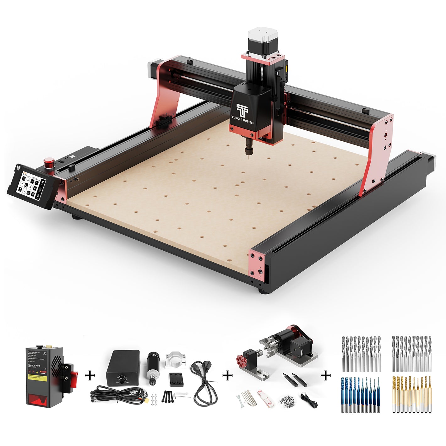 Máquina de Roteamento CNC Twotrees TTC450 PRO + Módulo Laser TC20 + Motor de 500 W + Rotativa CNC de 4º Eixo + Fresas de Topo 